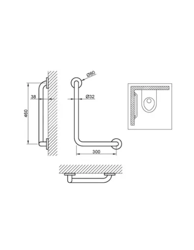 Barre d'appui inox angle 90° gauche avec 2 points d'anvrage finition blanche - NOFER