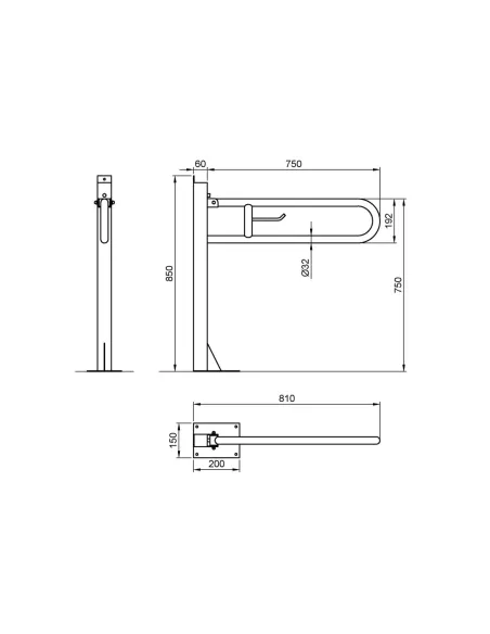 Barre d'appui inox rabattable en 78cm avec ancrage au sol et porte rouleau - NOFER