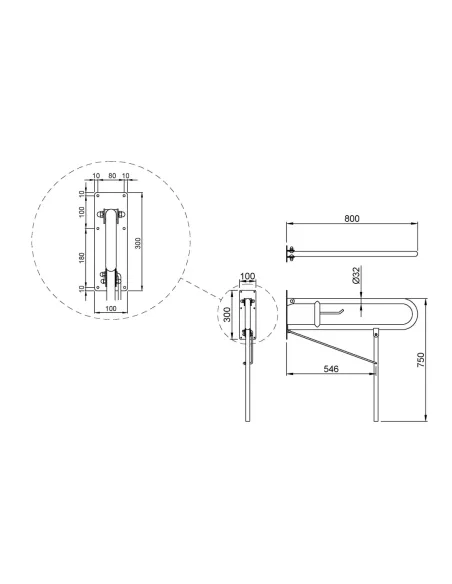 Barre d'appui inox rabattable en 80cm avec pied au sol et porte rouleau - NOFER