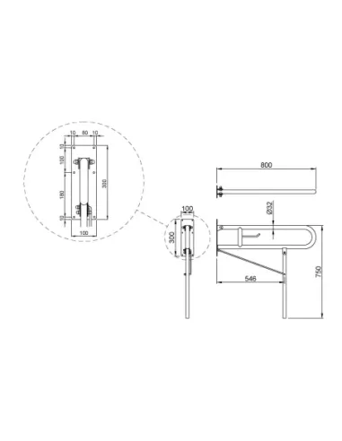 Barre d'appui acier inoxydable rabattable en 80cm avec pied au sol et porte rouleau finition blanche - NOFER