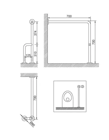 Barre d'appui acier inoxydable mur-sol avec 3 points de fixation en 70cm à gauche finition blanche - NOFER