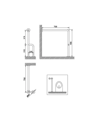 Barre d'appui acier inoxydable mur-sol avec 3 points de fixation en 70cm à droite finition blanche - NOFER