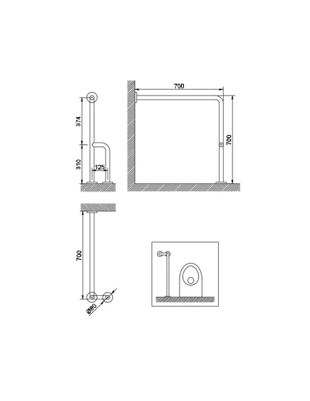 Barre d'appui acier inoxydable mur-sol avec 3 points de fixation en 70cm à droite finition blanche - NOFER