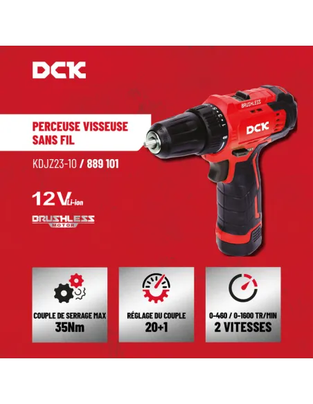 Perceuse-visseuse DCK 12V Brushless 35 Nm compacte avec 2 batteries