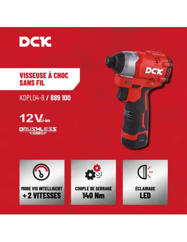 Visseuse à chocs sans fil DCK 12V Brushless – Couple 140 Nm, 2 vitesses, 2 batteries 2Ah