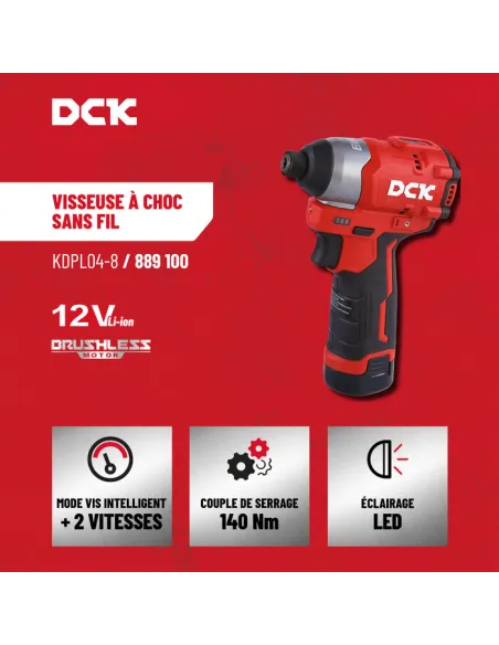 Visseuse à chocs sans fil DCK 12V Brushless – Couple 140 Nm, 2 vitesses, 2 batteries 2Ah
