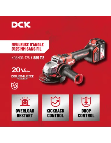Meuleuse d’angle sans fil brushless DCK 20 V, puissance 1000 W