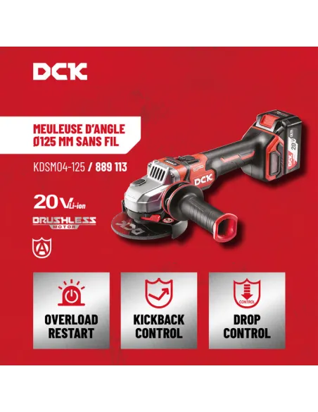 Meuleuse d’angle sans fil brushless DCK 20 V, puissance 1000 W