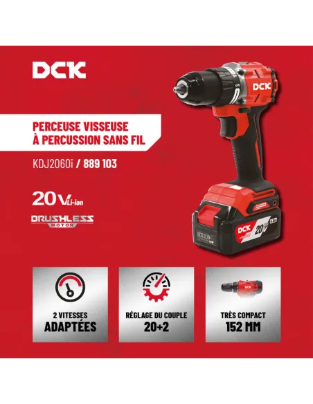 Perceuse visseuse à percussion sans fil DCK 20 V brushless, 60 Nm