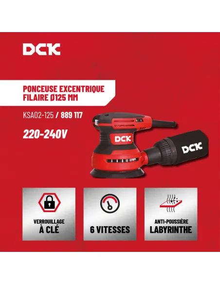 Ponceuse excentrique filaire DCK 380 W, 125 mm, 6 vitesses réglables