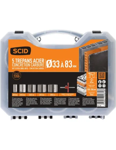 Coffret 5 trépans SCID carbure maçonnerie Ø33-83 mm pro
