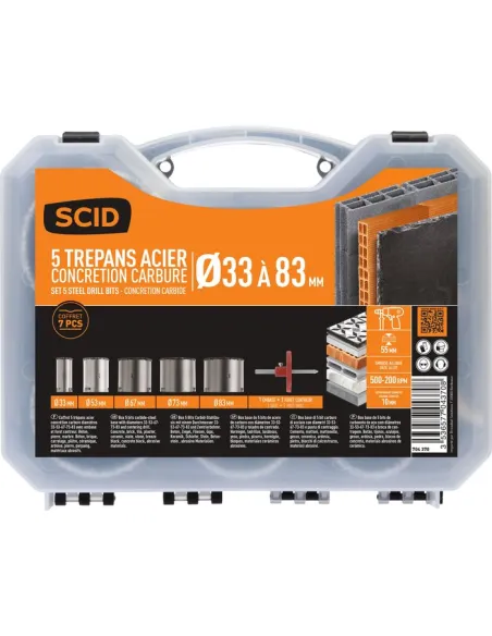 Coffret 5 trépans SCID carbure maçonnerie Ø33-83 mm pro