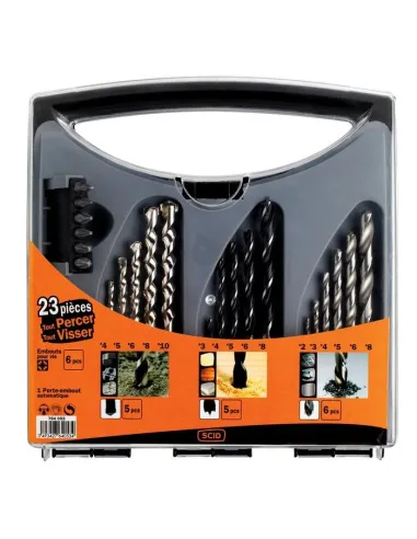 Malette SCID 23 pcs tout percer tout visser forets béton/bois/métaux
