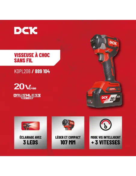 Visseuse à chocs DCK 20 V Brushless 208 Nm hex 6,35 mm + 2 batteries