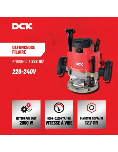 Défonceuse filaire DCK 2000 W | Variateur 6 vitesses, mandrins 6/8/12 mm