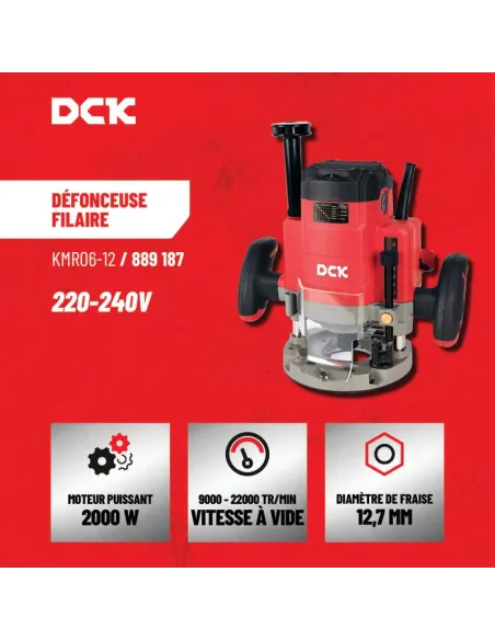 Défonceuse filaire DCK 2000 W | Variateur 6 vitesses, mandrins 6/8/12 mm