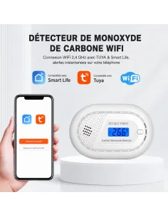 Détecteur CO Wi‑Fi Tuya Smart Life | Batterie 10 ans, norme EN 50291