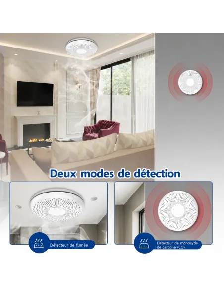 Détecteur fumée et CO Wi‑Fi Tuya Smart Life | Batterie 10 ans, EN 14604 et EN 50291